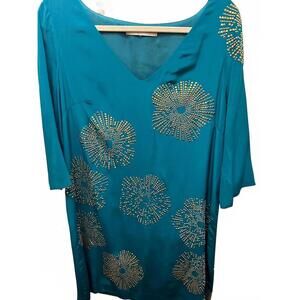 TRINA TURK elegant teal blue silk dress, 3/4 sleeves size 8